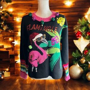 Jolly Sweaters Flamingo Christmas Sweater Womens Size L Black Pink Ugly Holiday